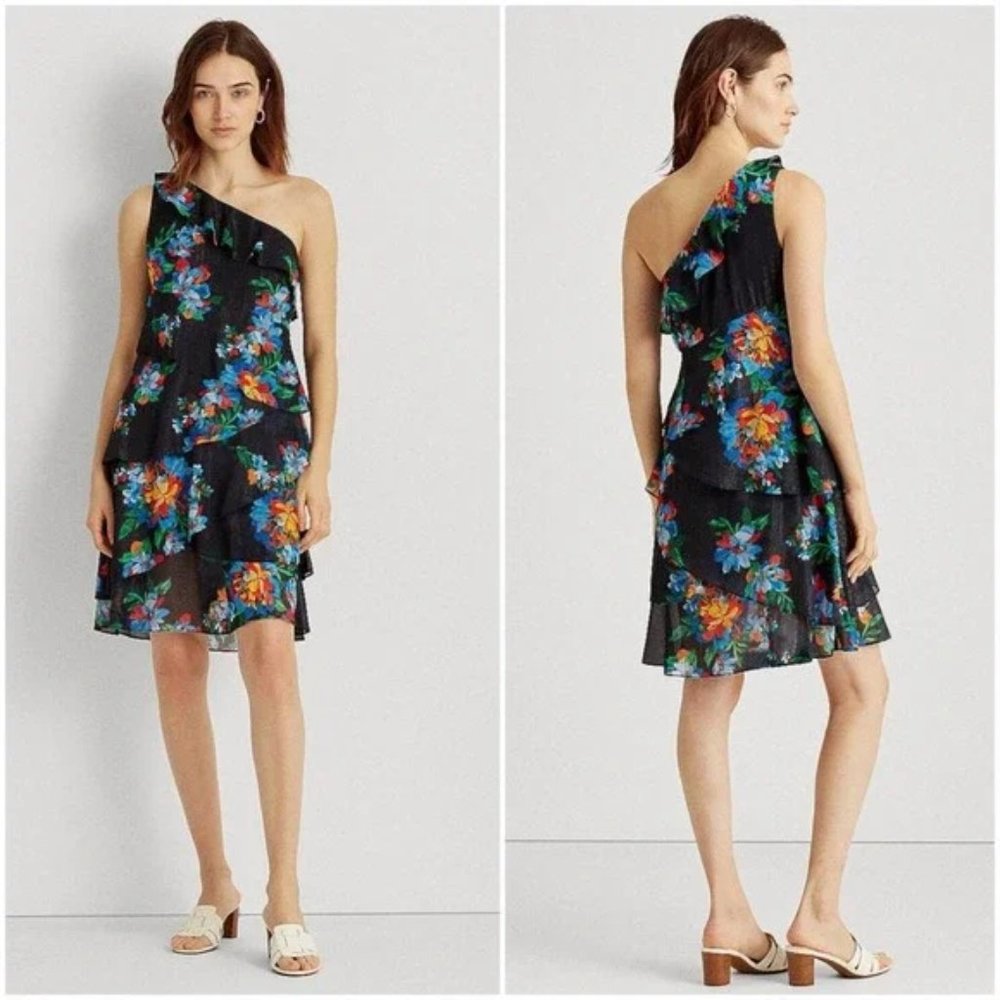 Lauren Ralph Lauren Floral Metallic Georgette One Shoulder Dress 10